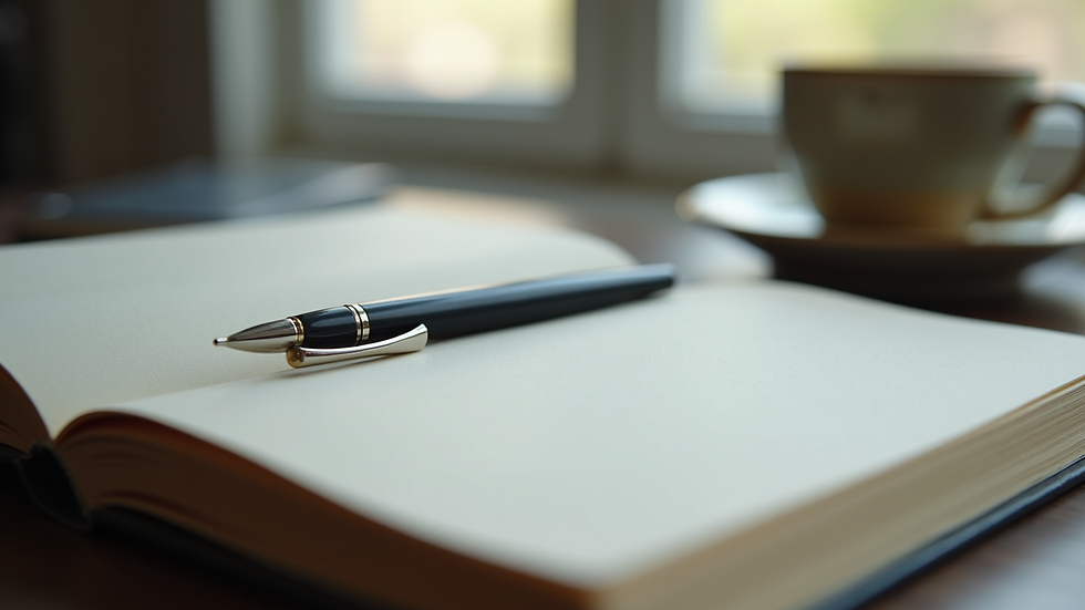 Vue en plongée d’un carnet ouvert avec un stylo posé dessus, symbole d’introspection et d’écriture personnelle