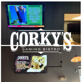 Wall-mounted TVs installed inside Corky’s Gaming Bistro for promotions, drink specials, entertainment, and customer-facing digital signage.