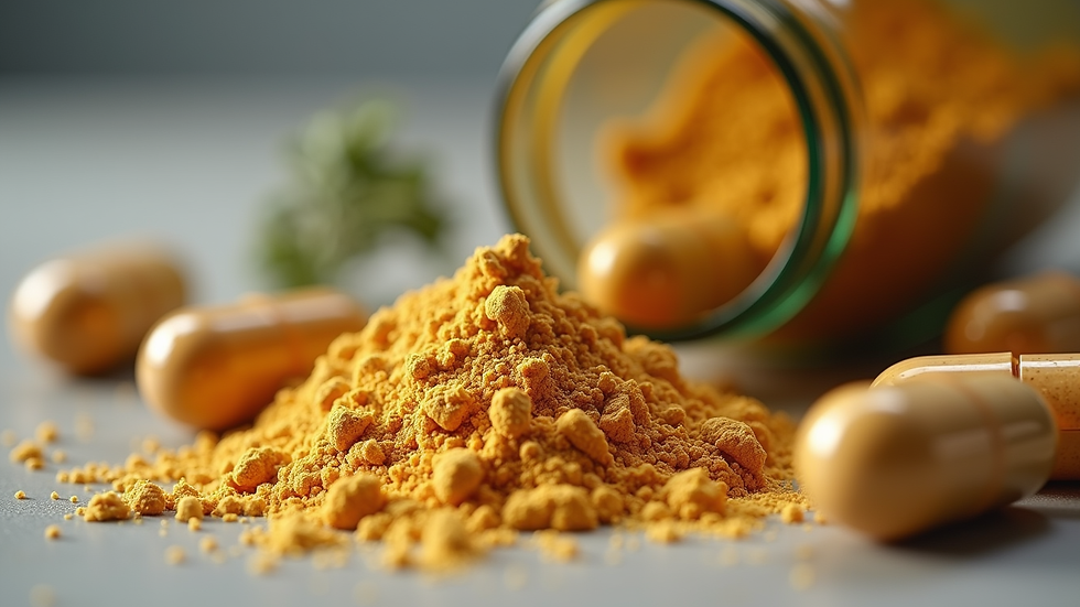 Close-up view of various herbal supplements in capsules and powders