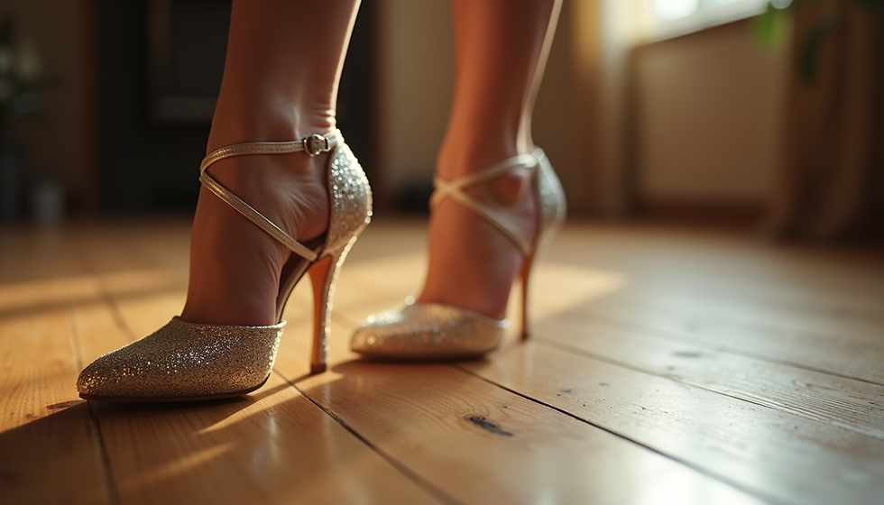 close-up view of elegant dancing shoes on wooden floor