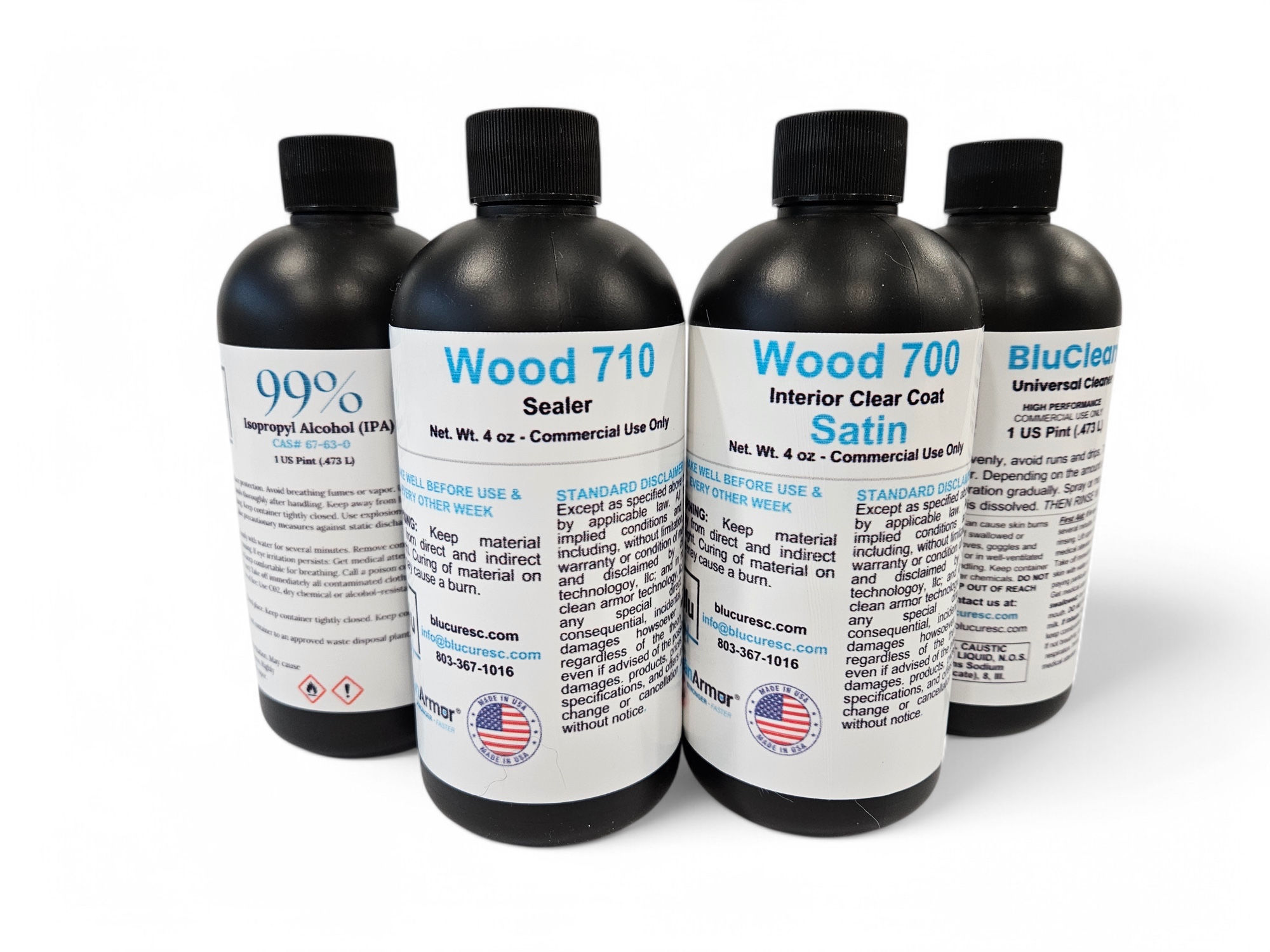 BluClean, 99% IPA, and Clean Armor Wood 710, 700 Satin in PINTS