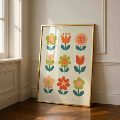 Poster of hand drawn illustration of Scandi style flowers in bright colours of orange, peach, lime and green on a cream background.
