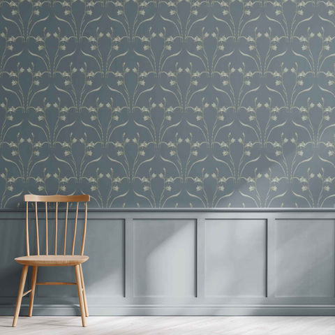 Panelled room mockup with wooden chair and panelling and Bluebell wallpaper.