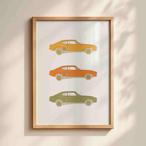 Poster of an illustration of 3 Ford Capri cars in a line on top of each other. Hand drawn in orange olive and yellow.