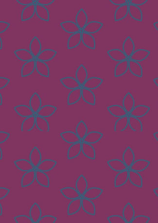 Vector illustration of simple flower with petals in a turquoise outline in a repeat pattern on a deep magenta background