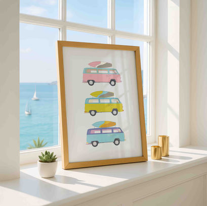 Poster of an illustration of 3 Volkswagen Transporter Camper van in a line on top of each other. Hand drawn in bright pastel colours of lime, pink, turquoise, aqua and yellow.