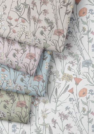 4 folded fabrics with Wildflower Meadow pattern in 4 different soft muted colourways.