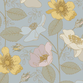 Vector illustration of field roses and leaves in muted colours in a repeat pattern on a light powder blue background