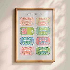 Vector illustration of sardines in 8 sardine tins in in different light pastel colours. The caption 'Morning Commute' is written in script text at the top. The background is a pale grey.