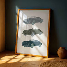 Poster of an illustration of 3 Porsche 356 cars in a line on top of each other. Hand drawn in shades of blue, blue/grey.