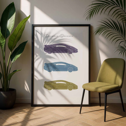 Poster of an illustration of 3 Lamborghini cars in a line on top of each other. Hand drawn in turquoise, olive and mauve.