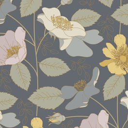 Vector illustration of field roses and leaves in muted colours in a repeat pattern on a dark blue indigo background