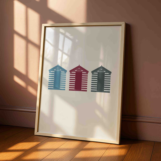Poster of an illustration of 3 beach huts in a line. Hand drawn in a limited palette of red, dark blue and pale blue.