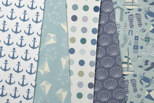 Collections of vector repeat patterns with the theme of the beach and the seaside. There is one main pattern with items that you may associate with a trip to the beach and a couple of secondary patterns with leaves and flowers and then several other coordinating patterns all with complementary colours forming a cohesive collection.