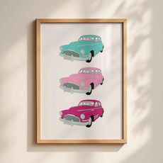 Poster of an illustration of 3 Buick cars in a line on top of each other. Hand drawn in bright colours of turquoise, bright pink and candy pink.
