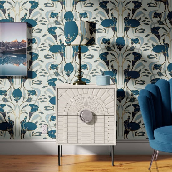 Interior Scene of cabinet and wallpaper with repeat pattern Calla Lily in teal colour way on the walls