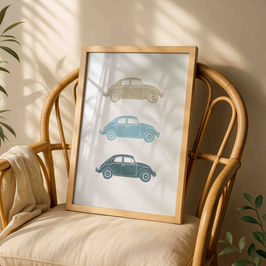 Poster of an illustration of 3 Volkswagen Beetle cars in a line on top of each other. Hand drawn in muted colours of pale blue, mid blue and fawn.