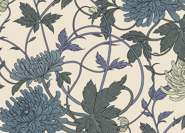 Vector illustration of Spider Chrysanthemums, intertwining stems and leaves in beige, blue, lilac, green in a repeat pattern on beige ivory background