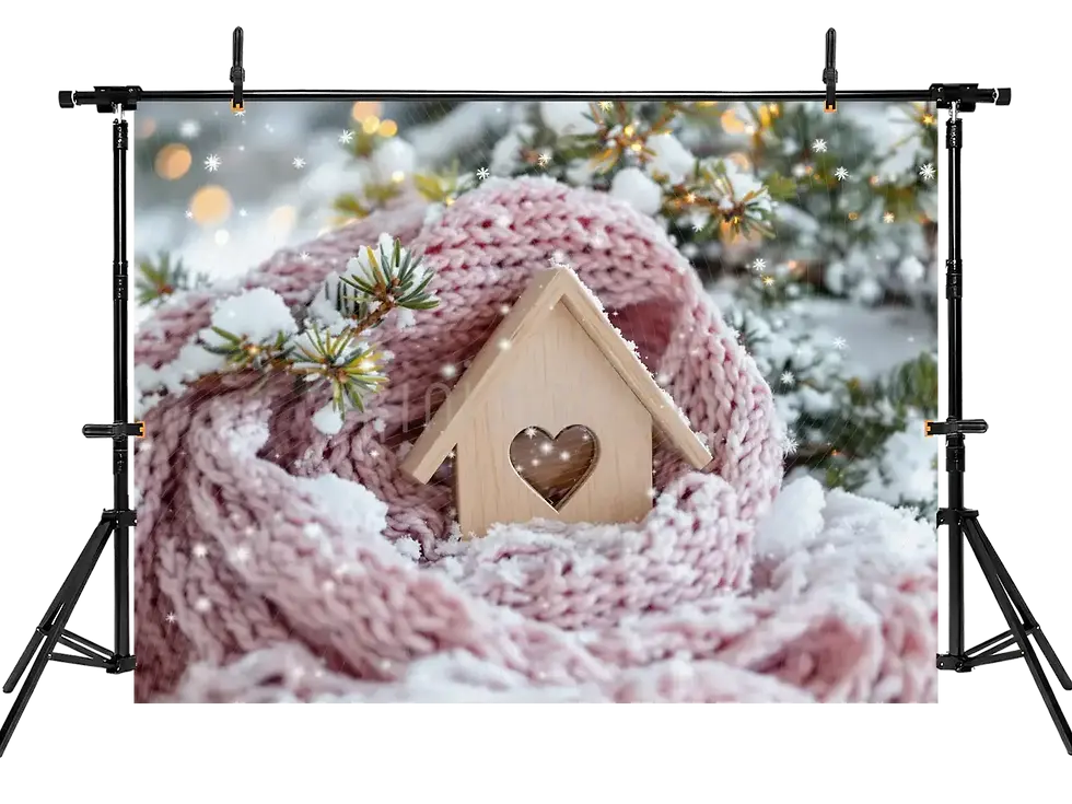 Miniatura: Calore della stagione invernale: casa di legno a forma di cuore e maglia rosa, sfondo da studio