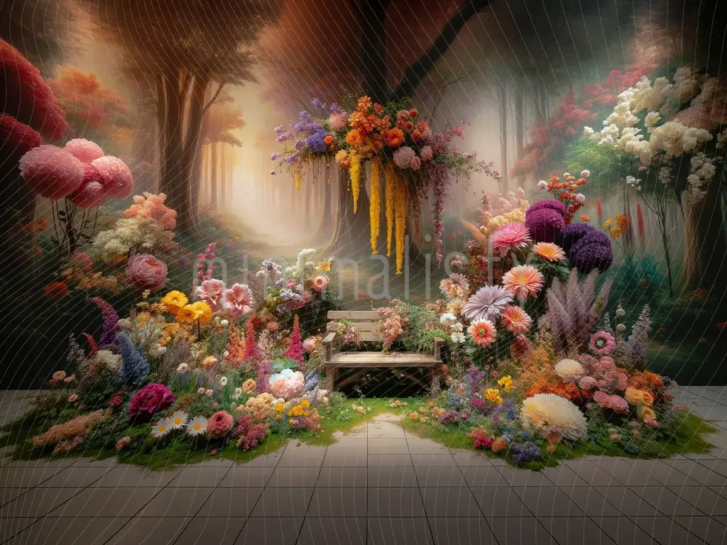 Märchenhafter Blumengarten und Wald-Themen-Hintergrund Studio-Hintergrund