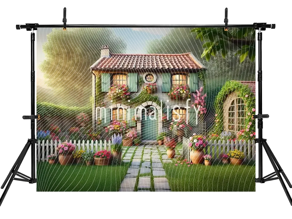 Thumbnail: Charming House Scene Adorned with Flowers, Background, Studio Backdrop