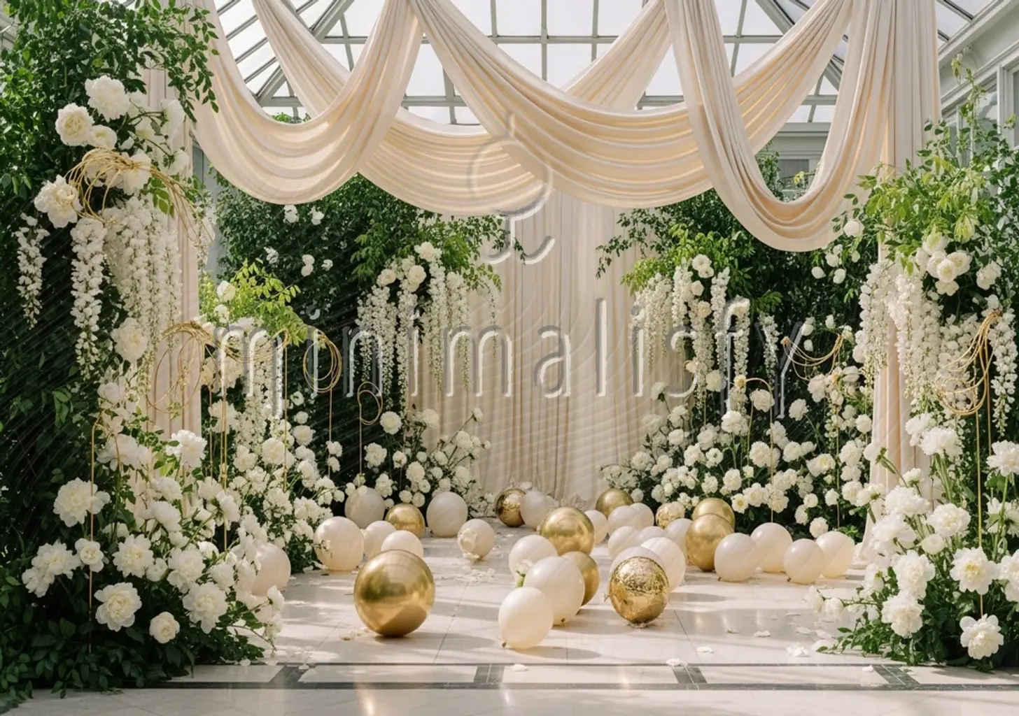 Romantik Beyaz Şakayık ve Altın Detaylı Düğün Arka Planı Fotoğraf Fonu