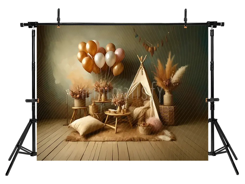 Küçük resim: Bohem Esintiler: Çadır ve Balonlarla Doğal Tonlarda Arka Plan  Stüdyo Fonu
