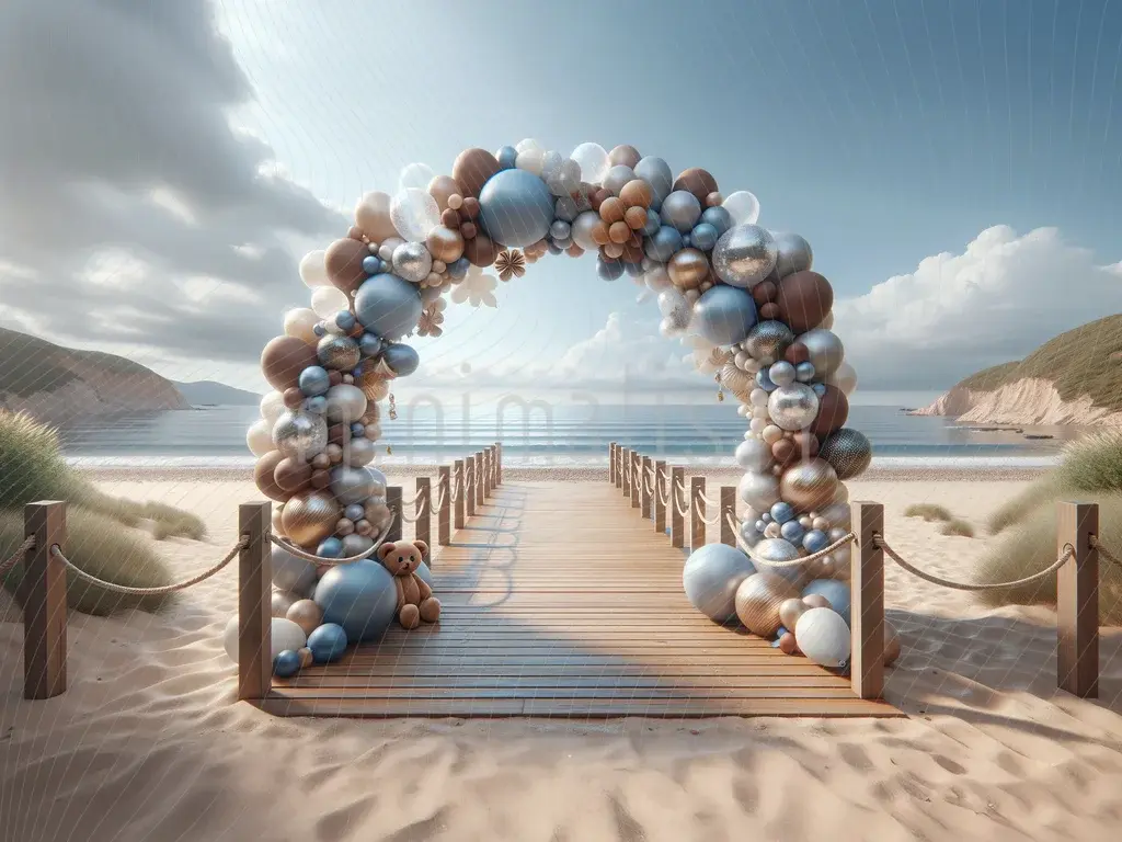 Toile de fond d'un pont de ballons sur la plage - Toile de fond de studio naturelle et chic