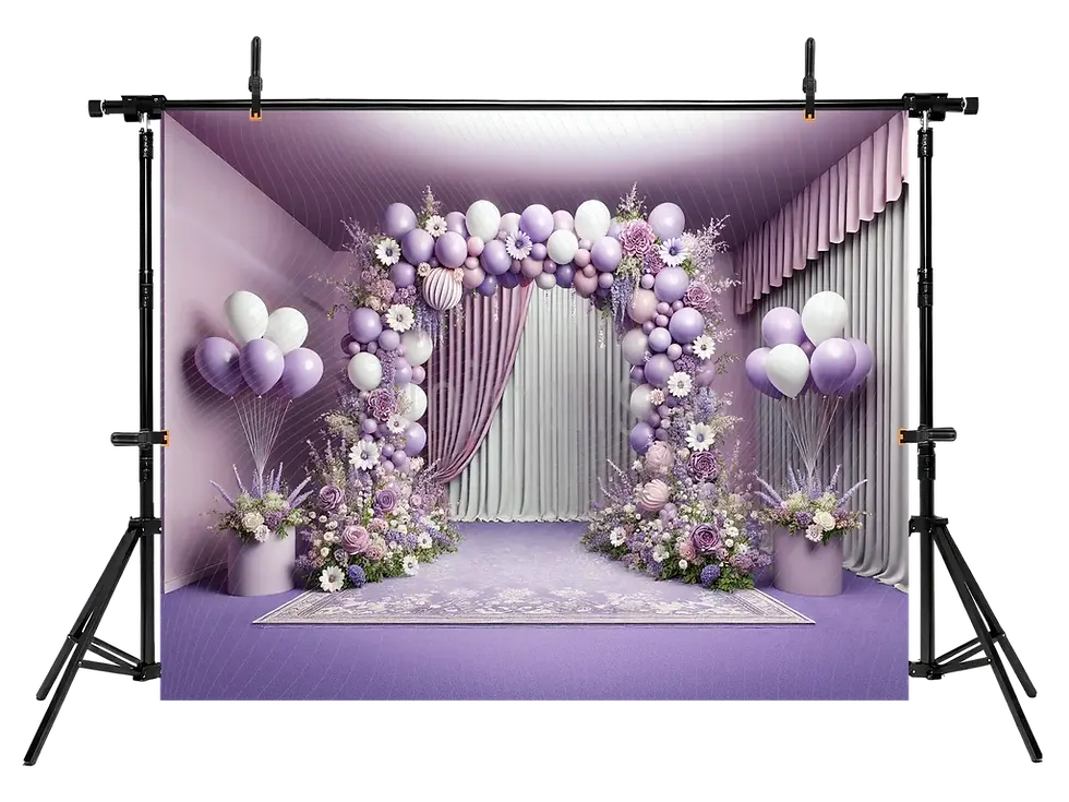 Sīktēls: Elegants balonu fona studijas fons ar purpursarkaniem un baltiem ziediem