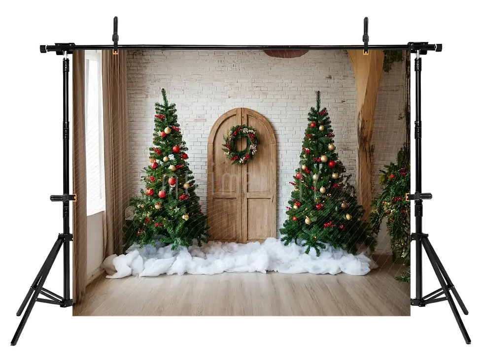Миниатюра: Рождественский деревенский фон, сосны и натуральная дверь, студийный фон