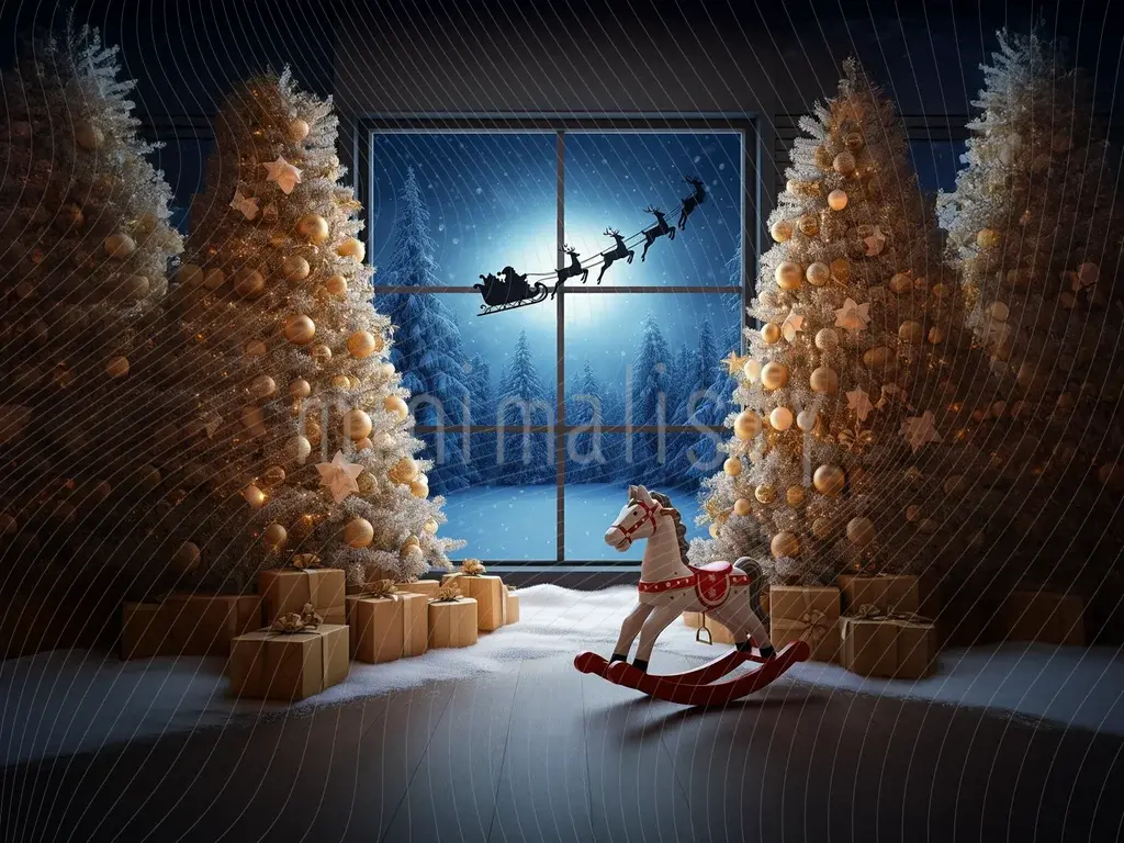 Noel Temalı Altın Çam Ağaçları ve Sallanan At Arka Planı  - Stüdyo Fonu