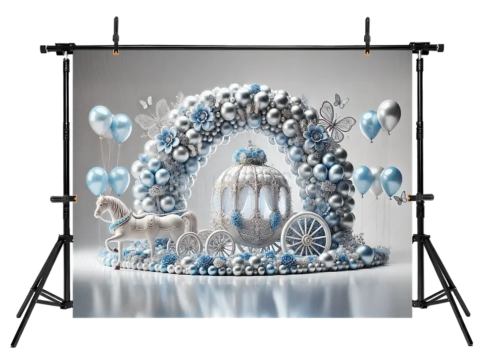 Миниатюра: Фон с изображением кареты с волшебными синими воздушными шарами — студийный фон
