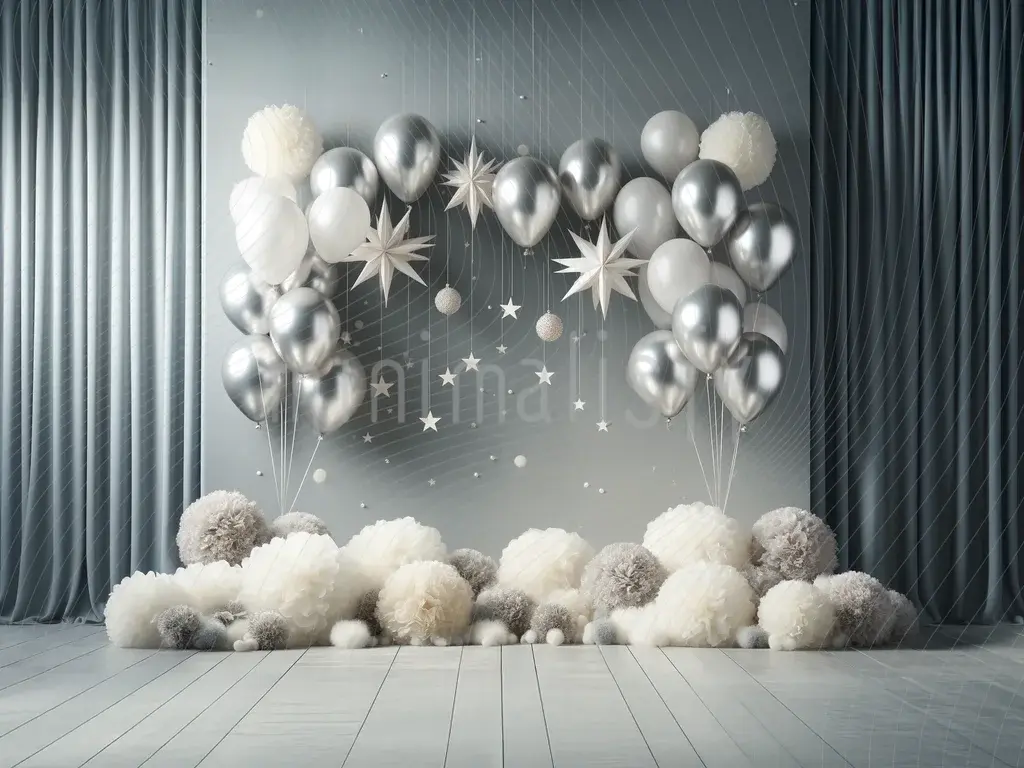 Silver and White Balloon Background, Stylish and Sophisticated Studio Backdrop