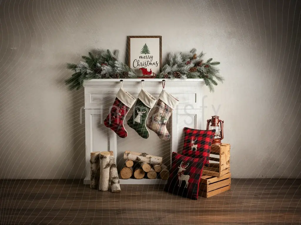 Phông nền lò sưởi ấm cúng và tất Giáng sinh - Phông nền Studio