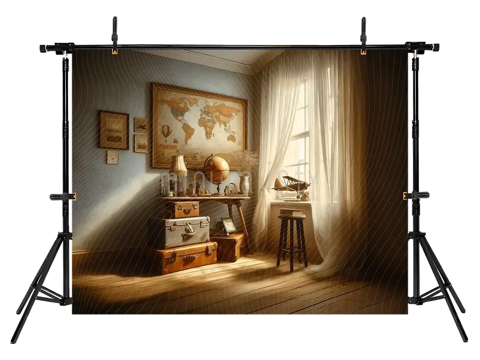 Miniature : Arrière-plan de studio chaleureux et élégant sur le thème de la carte du monde et des valises vintage