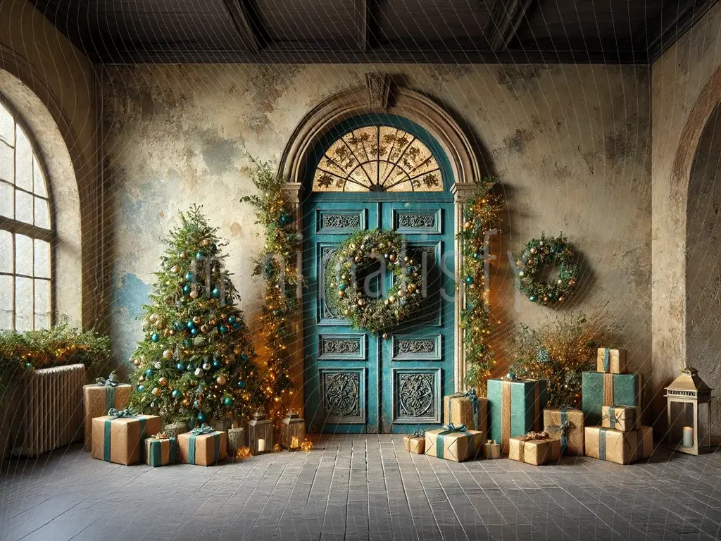 Phông nền cửa đêm giao thừa màu ngọc lam cổ điển của Studio