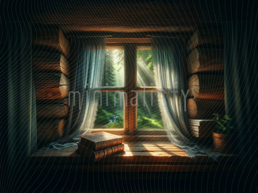 Phông nền Studio hình túp lều gỗ với cửa sổ thiên nhiên mộc mạc