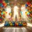 Miniature : Ballons colorés et toile de fond de fête d'anniversaire pour studio