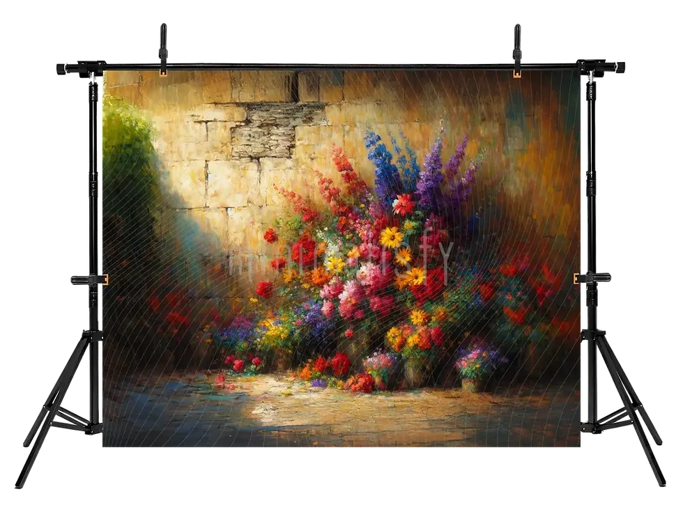 縮圖：五颜六色的鲜花和石墙背景 - 工作室背景