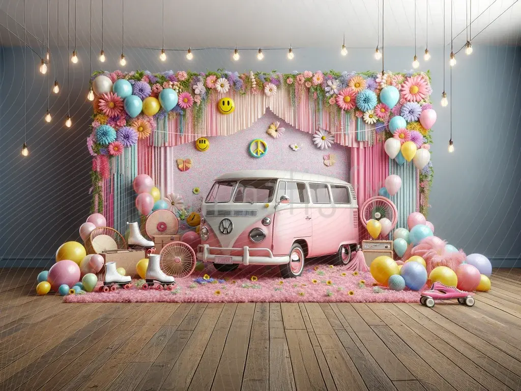 Toile de fond rétro sur le thème du minibus et des fleurs, toile de fond de studio colorée et amusante