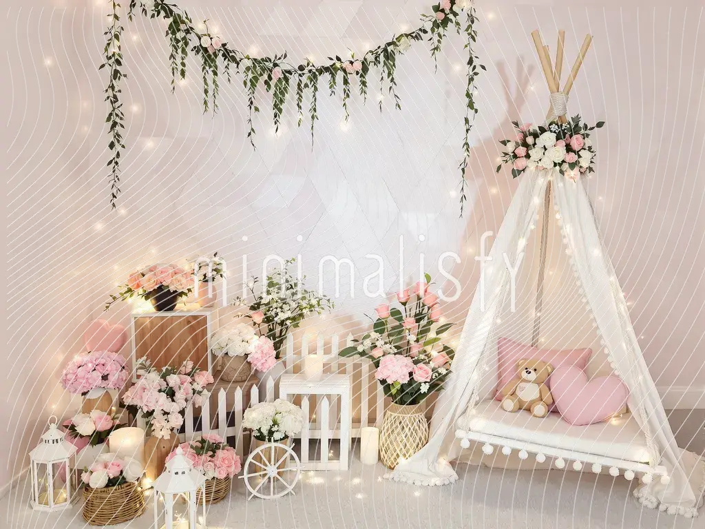 Şık Çiçek Düzeni ve Sevimli Çocuk Temasıyla Arka Plan , Stüdyo Fonu