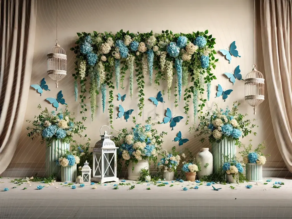 Mavi Çiçekler ve Zarif Kelebeklerle Bezenmiş Romantik Arka Plan -  Stüdyo Fonu