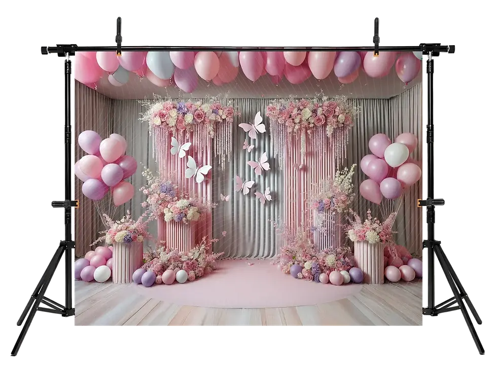 Sīktēls: Elegants rozā un ceriņu tauriņu un ziedu fons — studijas fons