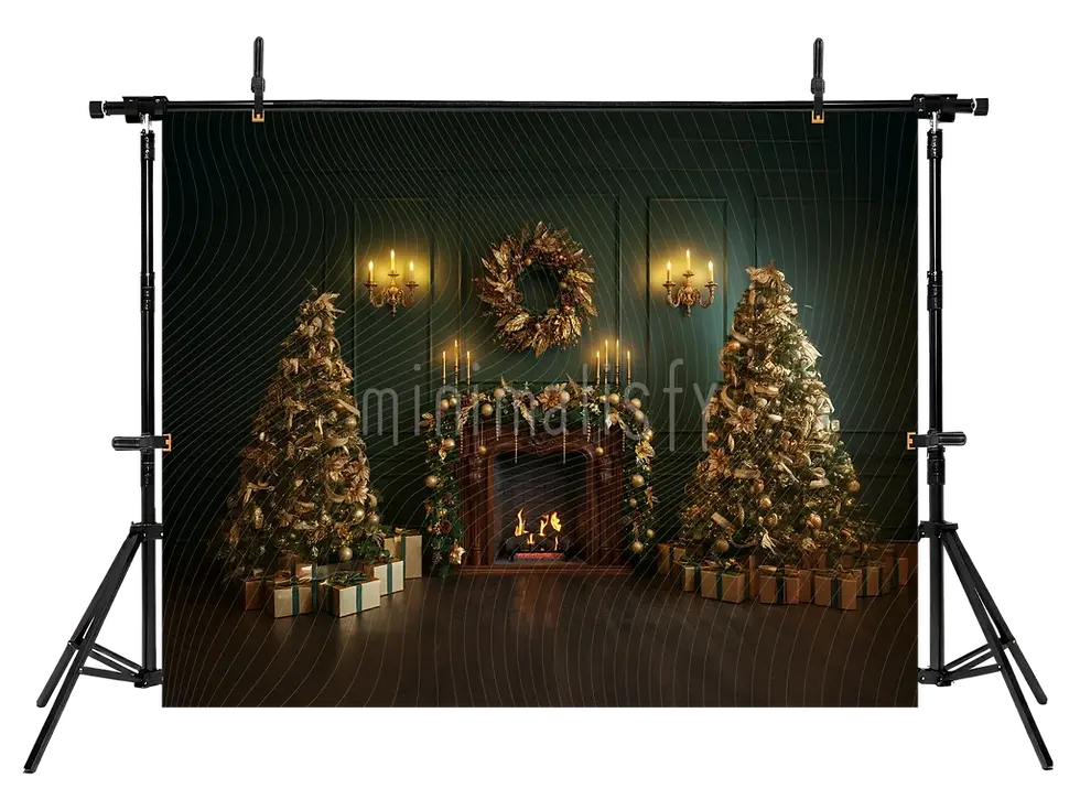 Miniature : Toile de fond sur le thème du sapin de Noël et de la cheminée - Toile de fond chaleureuse pour studio de Noël