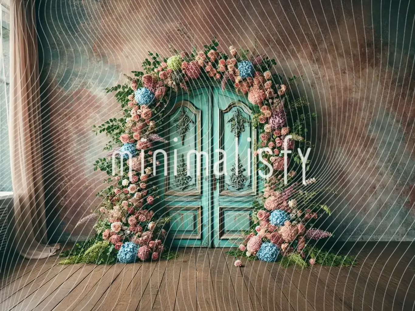 Çiçeklerle Süslenmiş Mavi Kapılar Arka Plan, Stüdyo Fonu