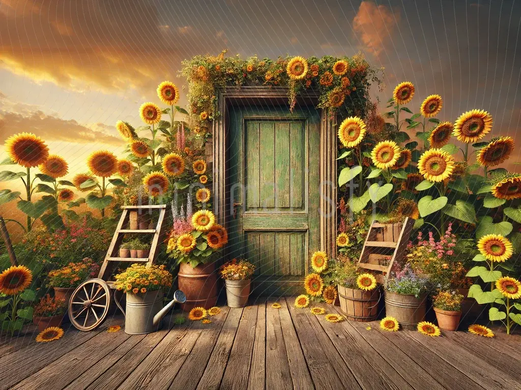 Güneş Çiçeklerinin Zarafetiyle Süslenmiş Ahşap Kapı Arka Plan -  Stüdyo Fonu