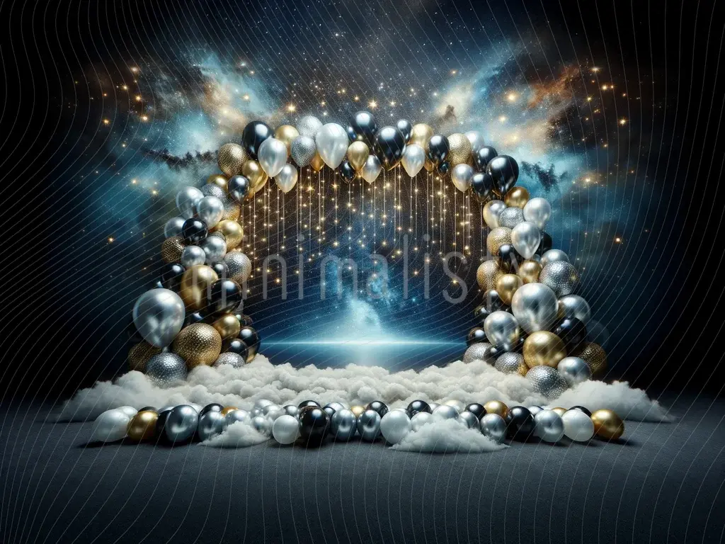 宇宙と風船をテーマにした背景、星空と魅力的なスタジオの背景