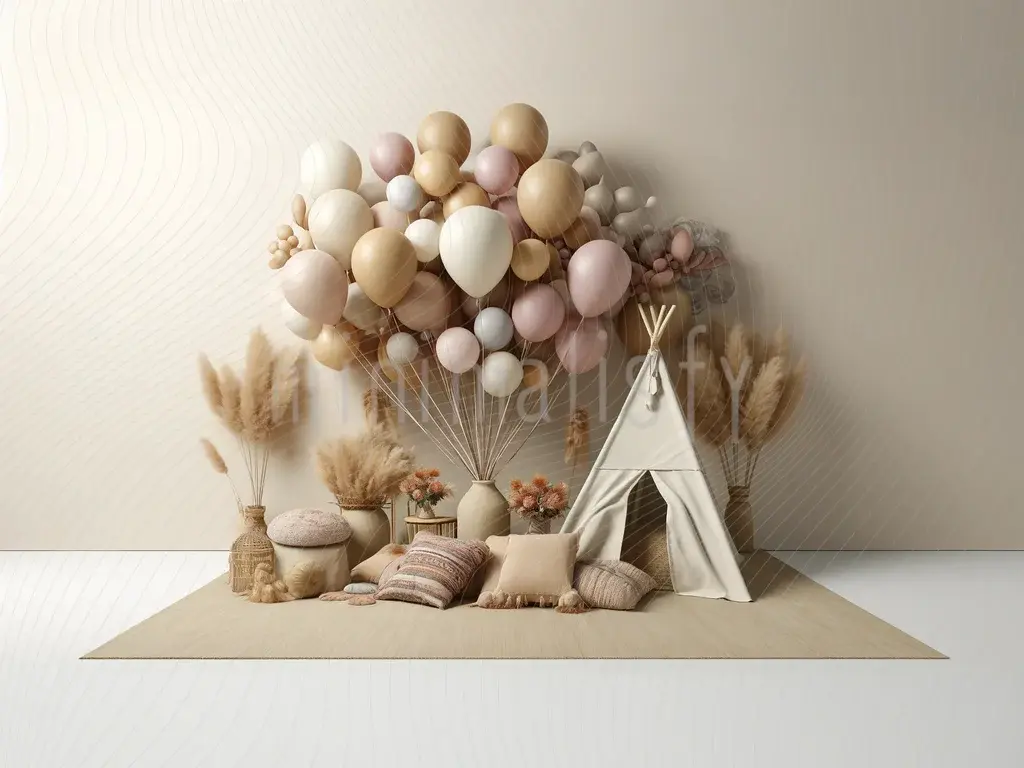 Toile de fond de studio sur le thème des ballons et des tentes dans des tons bohèmes et pastel