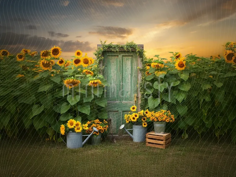 Toile de fond détaillée d'une porte rustique pour studio dans un jardin de tournesols
