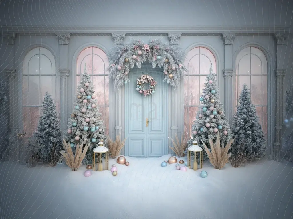 خلفية استوديو بألوان زرقاء ثلجية وباستيل مستوحاة من عيد الميلاد